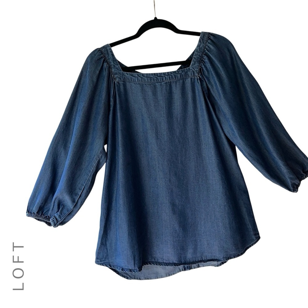 LOFT CHAMBRAY DOUBLE TIE BACK SQUARE NECK TOP TENCEL LIKE NEW BLOUSON SLEEVES SM
